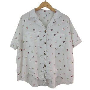 Dip Womens Sz 1X Linen Floral Fruits Button Tie Front Blouse Casual Boho Top